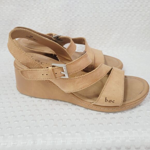 B.O.C. Born Alma Wedge Light Brown Leather Sandals with Buckle Size 8 - Picture 3 of 8